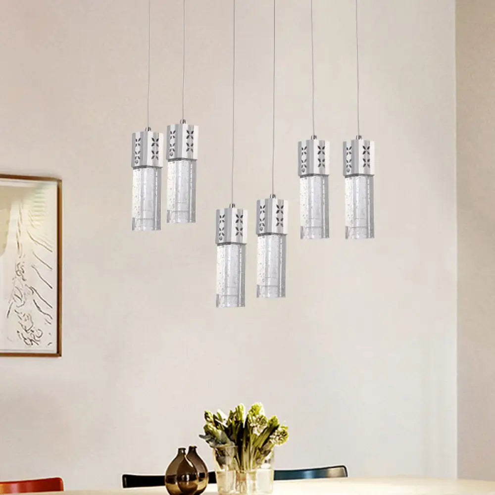 Modernist Crystal Square Tube Multi Ceiling Light: 6-Light Led Pendulum Lamp In Chrome