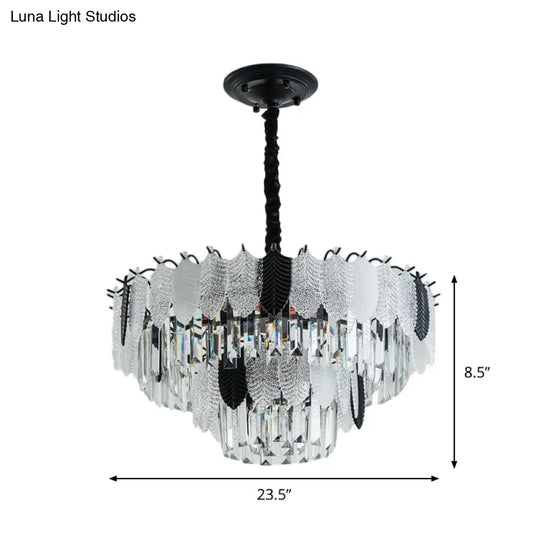 Modernist Crystal Tiered Ceiling Chandelier - 11 Lights Black Hanging Light Kit With Leaf Acrylic