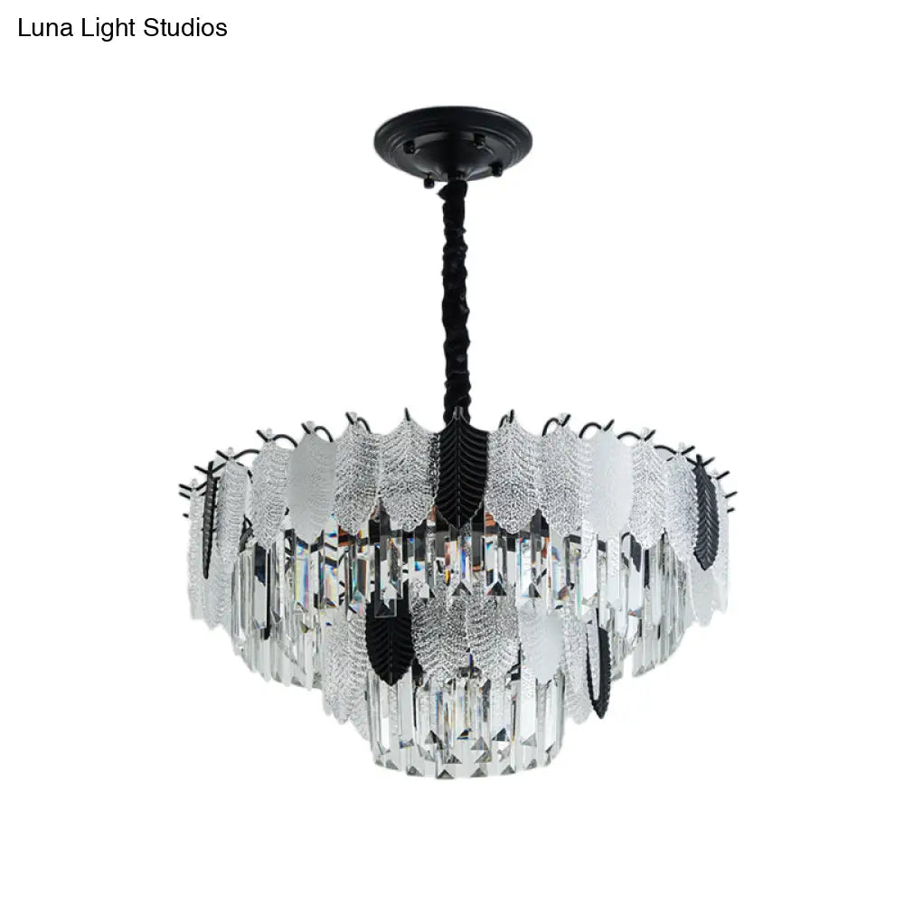 Modernist Crystal Tiered Ceiling Chandelier - 11 Lights Black Hanging Light Kit With Leaf Acrylic