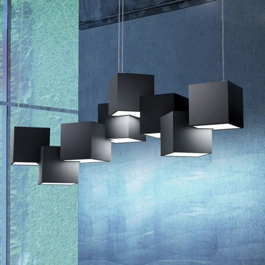 Modernist Cube Ceiling Light - 8-Light Metal Led Pendant Lamp Black/White Spliced White/Warm