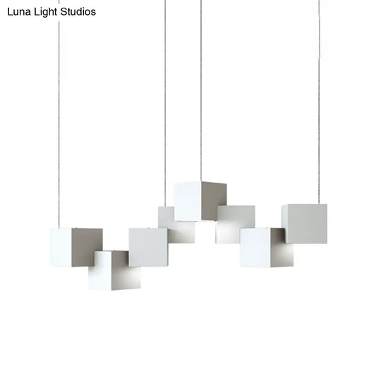 Modernist Cube Ceiling Light - 8-Light Metal Led Pendant Lamp Black/White Spliced White/Warm