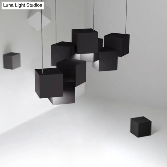 Modernist Cube Ceiling Light - 8-Light Metal Led Pendant Lamp Black/White Spliced White/Warm