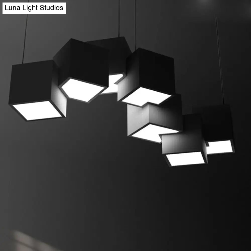 Modernist Cube Ceiling Light - 8-Light Metal Led Pendant Lamp Black/White Spliced White/Warm