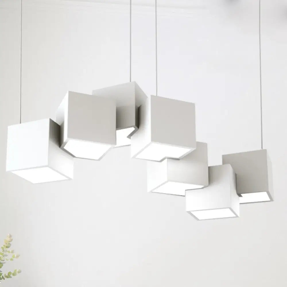 Modernist Cube Ceiling Light - 8-Light Metal Led Pendant Lamp Black/White Spliced White/Warm