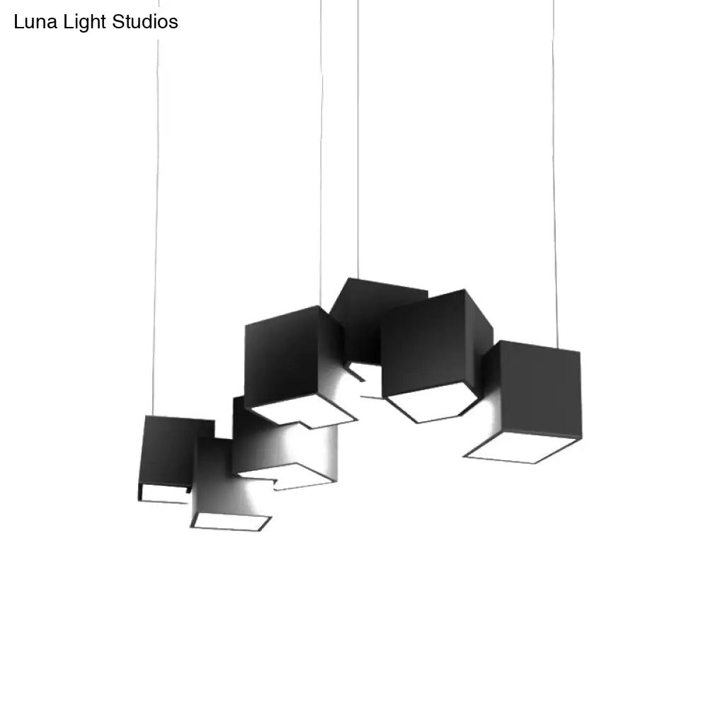 Modernist Cube Ceiling Light - 8-Light Metal Led Pendant Lamp Black/White Spliced White/Warm