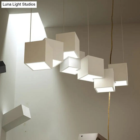 Modernist Cube Ceiling Light - 8-Light Metal Led Pendant Lamp Black/White Spliced White/Warm