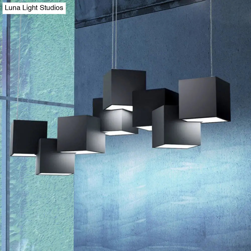 Modernist Cube Ceiling Light - Black/White Spliced 8 Lights Metal Led Pendant Lamp In White/Warm