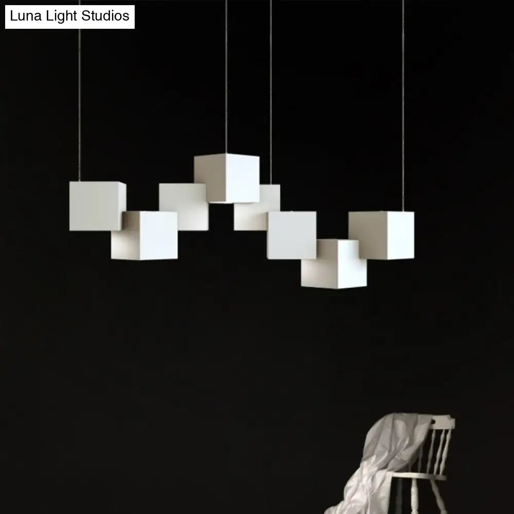 Modernist Cube Ceiling Light - 8-Light Metal Led Pendant Lamp Black/White Spliced White/Warm