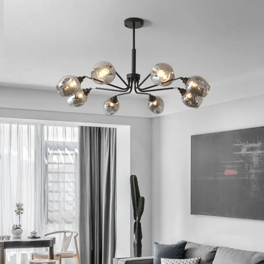 Modernist Cup Shape Chandelier - Smoke Grey Glass With 8 Lights Black Pendant Lamp For Living Room