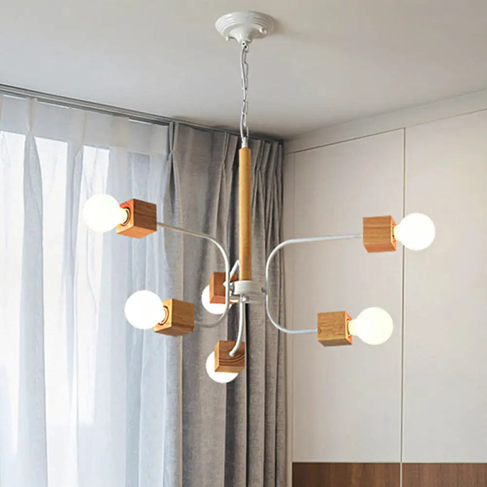 Modernist Curved Arm Pendant Chandelier: White/Black Multi-Light Wood Hanging Lamp With Chain White