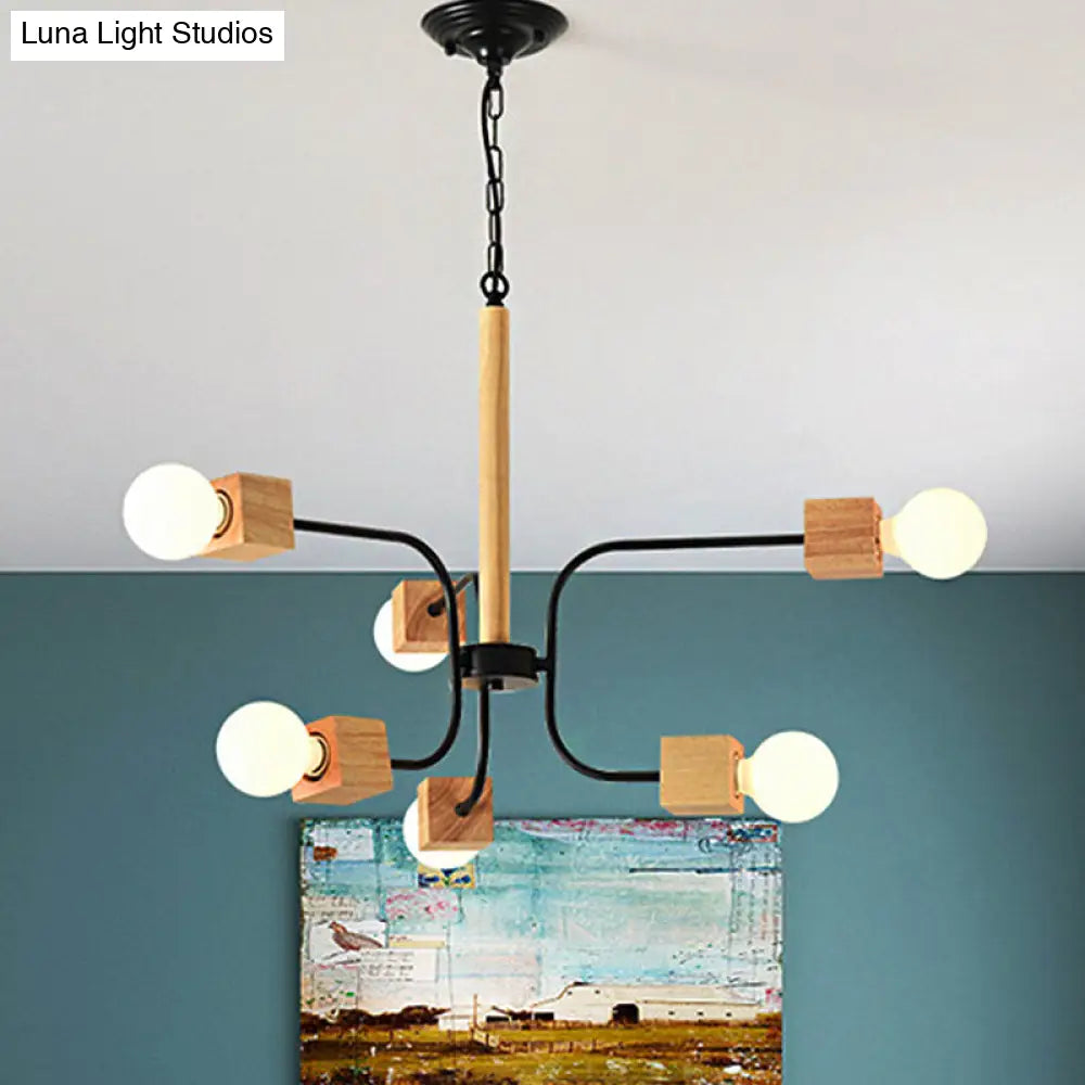 Modern Curved Arm Pendant Chandelier With Multi Lights And Wood Detailing Black