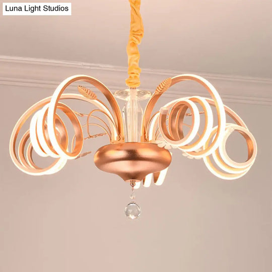 Modernist Curved Rose Gold Chandelier - Acrylic Led Hanging Lamp For Living Room White Light