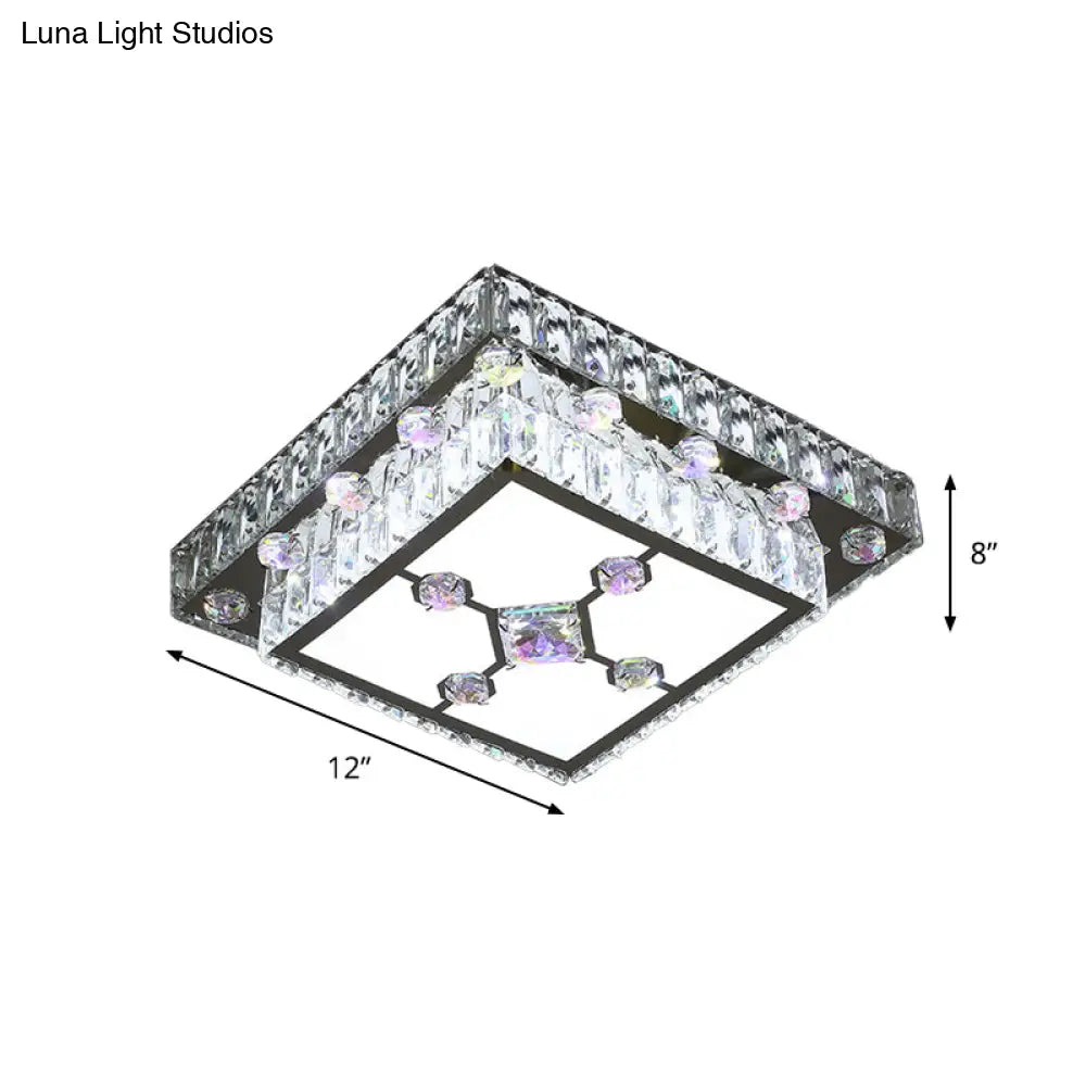 Modernist Cut Crystal Led Nickel Ceiling Lamp With Square Flush Mount For Porch