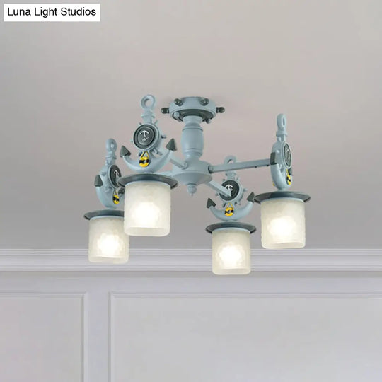 Modernist Cylinder Ceiling Light Fixture With Frosted Dimpled Glass - 4 Bulbs Blue Anchor Design