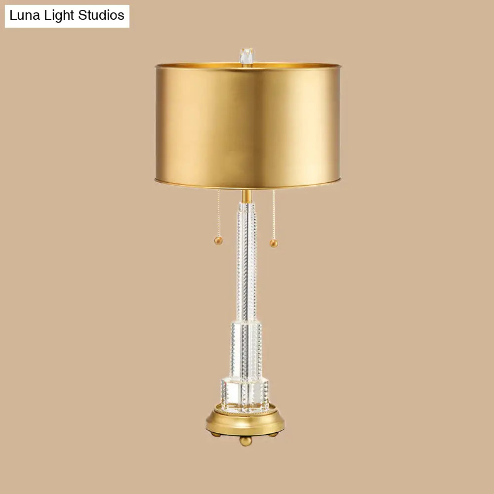 Modernist Cylinder Metal Task Lighting: 2-Bulb Gold Reading Lamp With Pull Chain