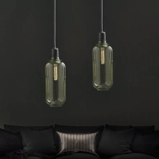 Modernist Cylinder Pendant Lamp - Amber/Smoky Glass 1 Light 4’/5.5’ Wide Ideal For Living Room