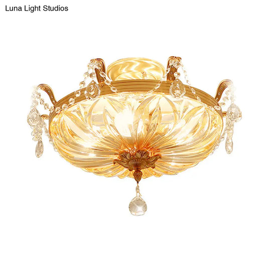 Modernist Dome Clear Glass Semi Flush Light - 5 - Light Gold Ceiling Fixture With Crystal Draping