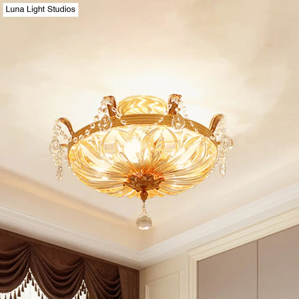Modernist Dome Clear Glass Semi Flush Light - 5-Light Gold Ceiling Fixture With Crystal Draping