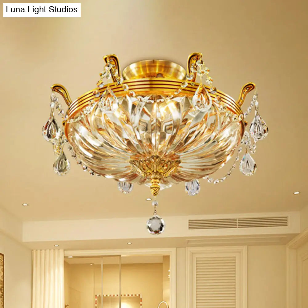 Modernist Dome Clear Glass Semi Flush Light - 5 - Light Gold Ceiling Fixture With Crystal Draping