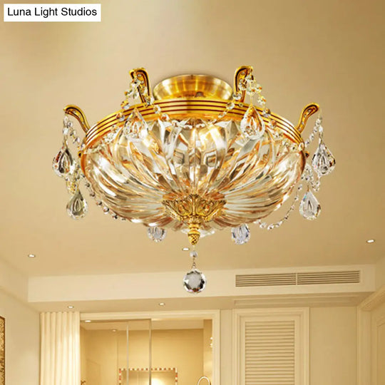 Modernist Dome Clear Glass Semi Flush Light - 5 - Light Gold Ceiling Fixture With Crystal Draping