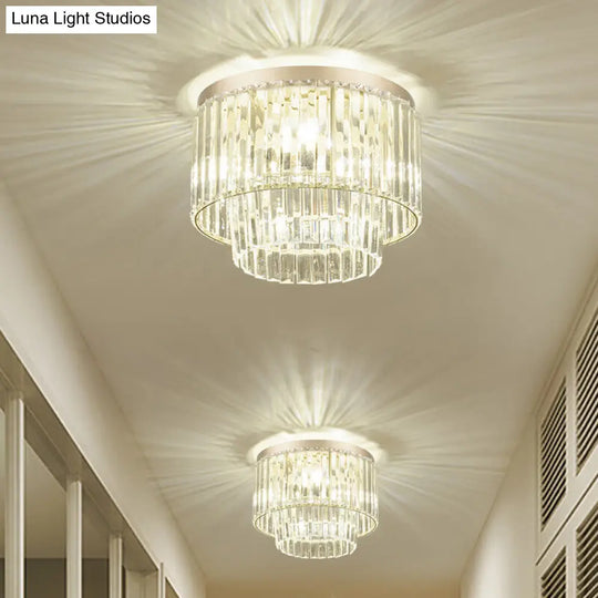 Modernist Drum Ceiling Lamp - Clear Crystal 12/16 Width Flush Mount Lighting For Living Room / 12