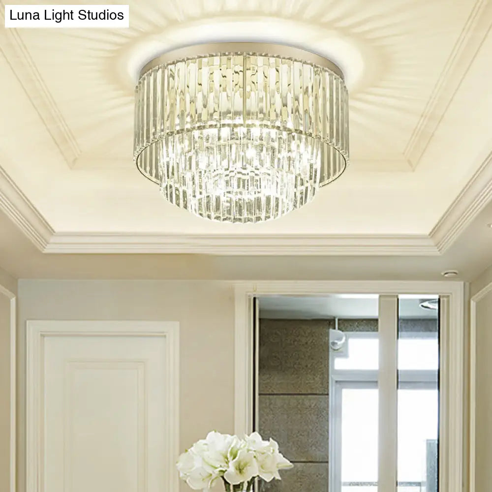 Modernist Drum Ceiling Lamp - Clear Crystal 12/16 Width Flush Mount Lighting For Living Room