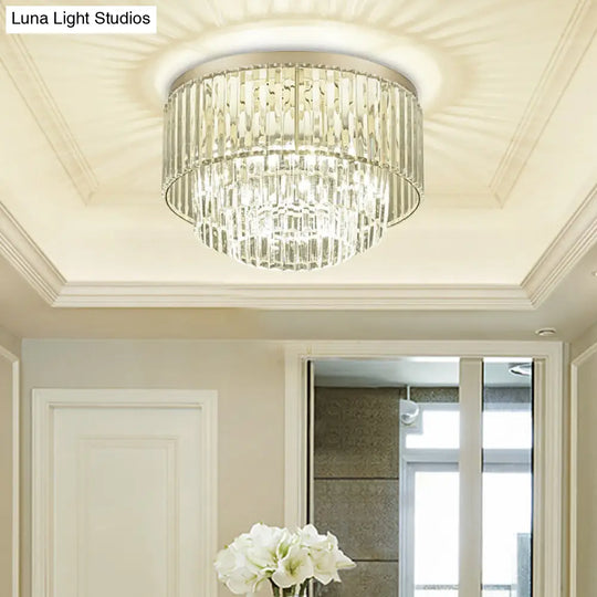 Modernist Drum Ceiling Lamp - Clear Crystal 12/16 Width Flush Mount Lighting For Living Room