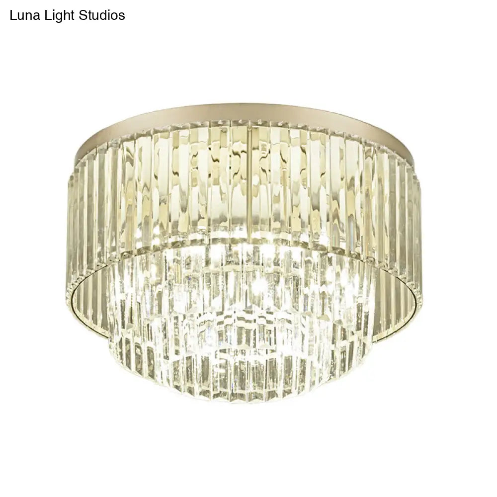 Modernist Drum Ceiling Lamp - Clear Crystal 12/16 Width Flush Mount Lighting For Living Room
