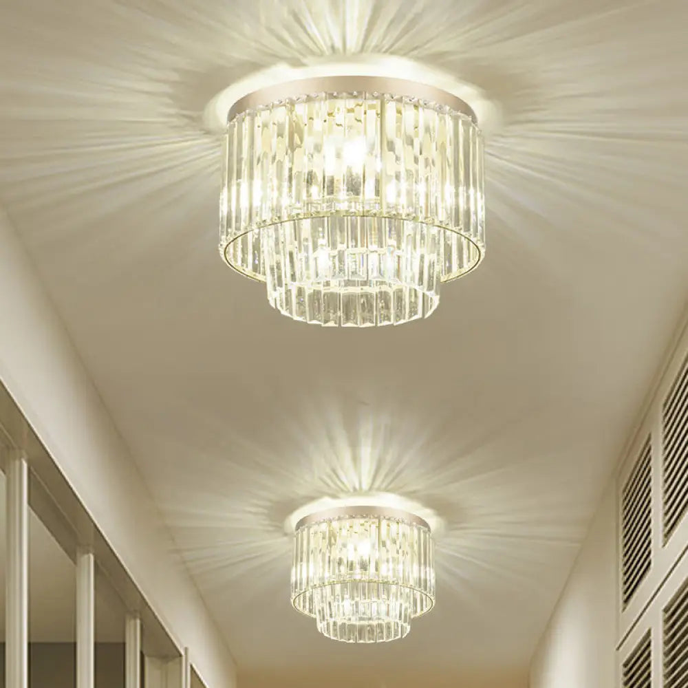Modernist Drum Ceiling Lamp - Clear Crystal 12’/16’ Width Flush Mount Lighting For Living Room / 12’