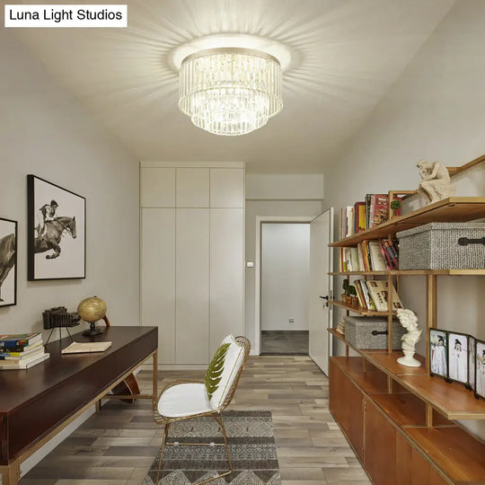 Modernist Drum Ceiling Lamp - Clear Crystal 12/16 Width Flush Mount Lighting For Living Room / 16