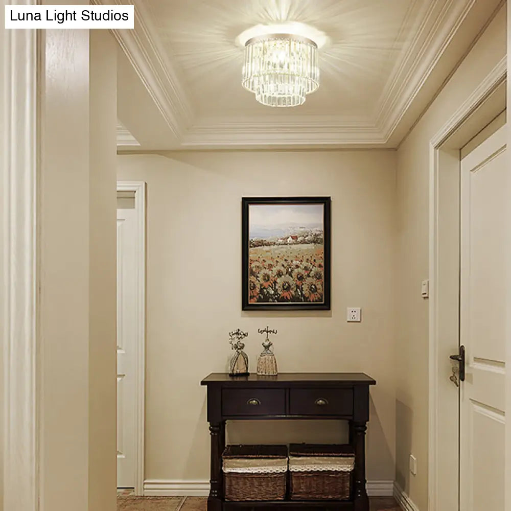Modernist Drum Ceiling Lamp - Clear Crystal 12’/16’ Width Flush Mount Lighting For Living Room