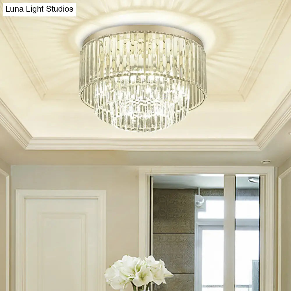 Modernist Drum Ceiling Lamp - Clear Crystal 12’/16’ Width Flush Mount Lighting For Living Room