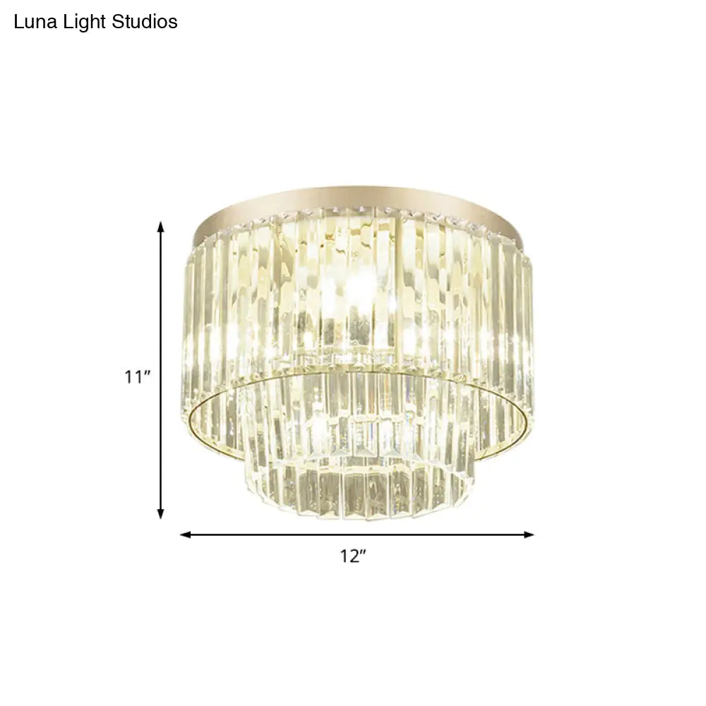 Modernist Drum Ceiling Lamp - Clear Crystal 12’/16’ Width Flush Mount Lighting For Living Room