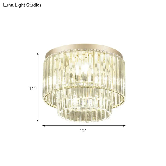 Modernist Drum Ceiling Lamp - Clear Crystal 12/16 Width Flush Mount Lighting For Living Room