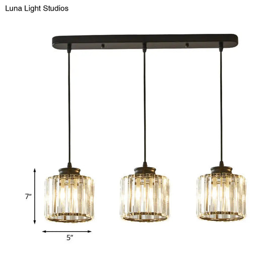 Modernist Drum Crystal Multi-Light Pendant - 3 Lights Black Ceiling Fixture With Linear/Round Canopy