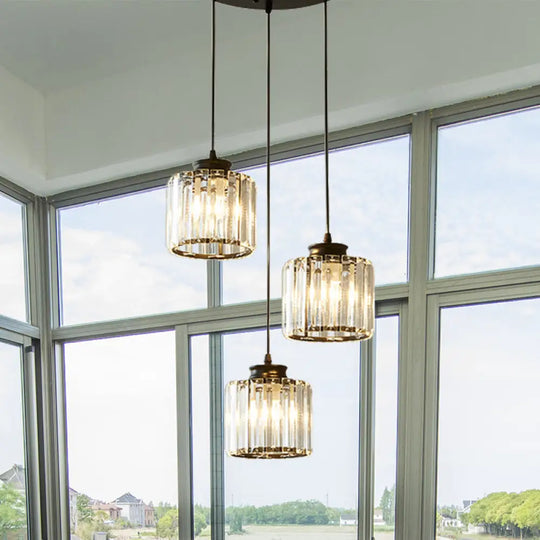 Modernist Drum Crystal Multi-Light Pendant - 3 Lights Black Ceiling Hanging Fixture With