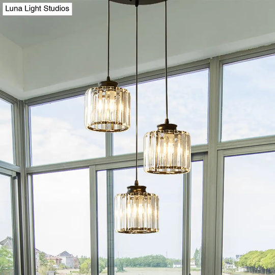 Modernist Drum Crystal Multi-Light Pendant - 3 Lights Black Ceiling Fixture With Linear/Round Canopy