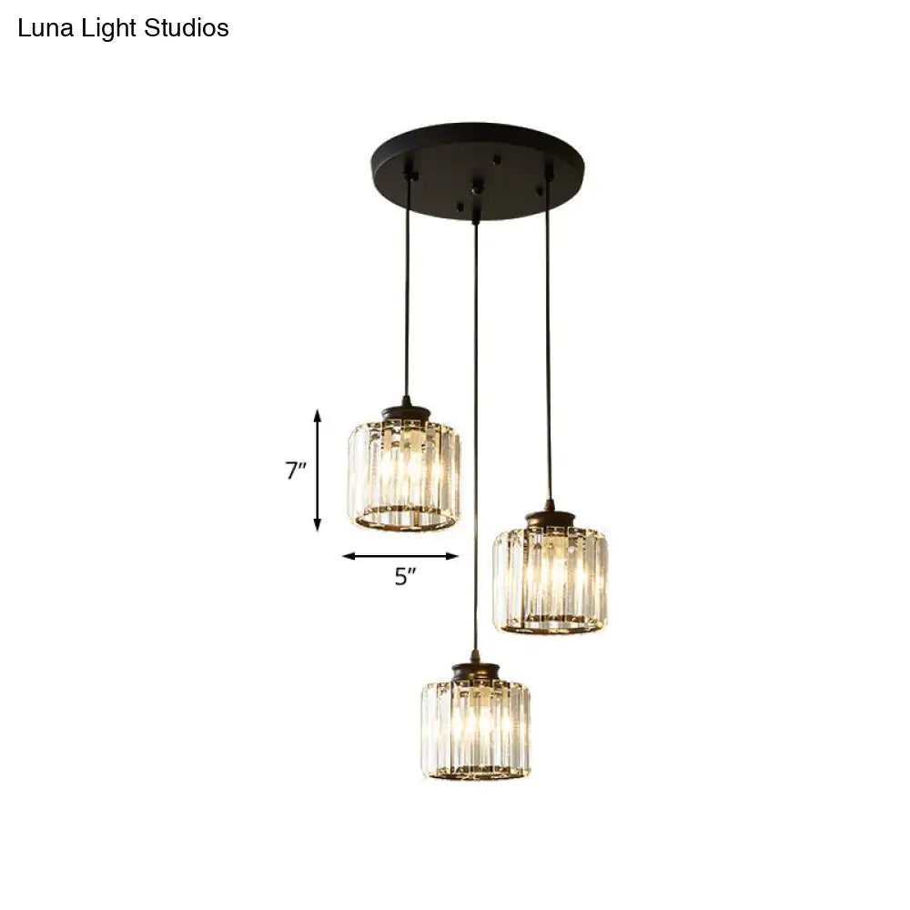 Modernist Drum Crystal Multi-Light Pendant - 3 Lights Black Ceiling Fixture With Linear/Round Canopy