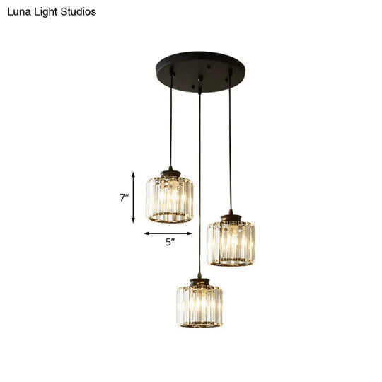 Modernist Drum Crystal Multi-Light Pendant - 3 Lights Black Ceiling Fixture With Linear/Round Canopy