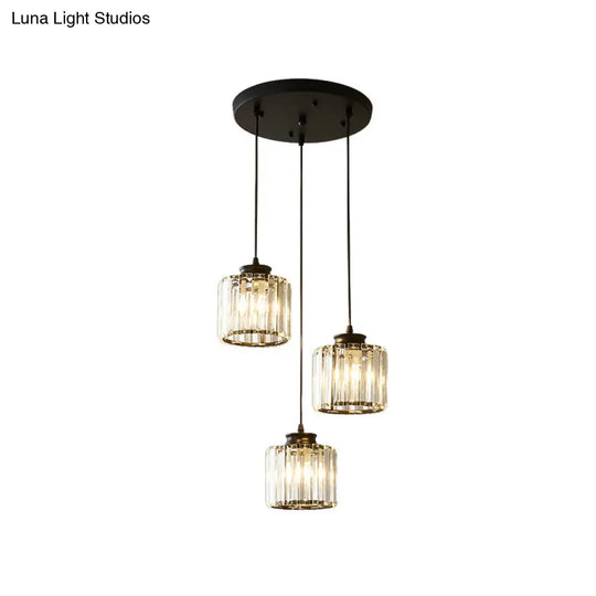 Modernist Drum Crystal Multi-Light Pendant - 3 Lights Black Ceiling Hanging Fixture With