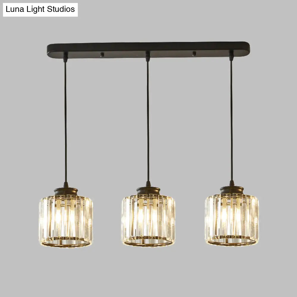 Modernist Drum Crystal Multi-Light Pendant - 3 Lights Black Ceiling Hanging Fixture With