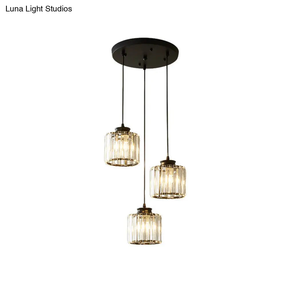 Modernist Drum Crystal Multi-Light Pendant - 3 Lights Black Ceiling Fixture With Linear/Round Canopy