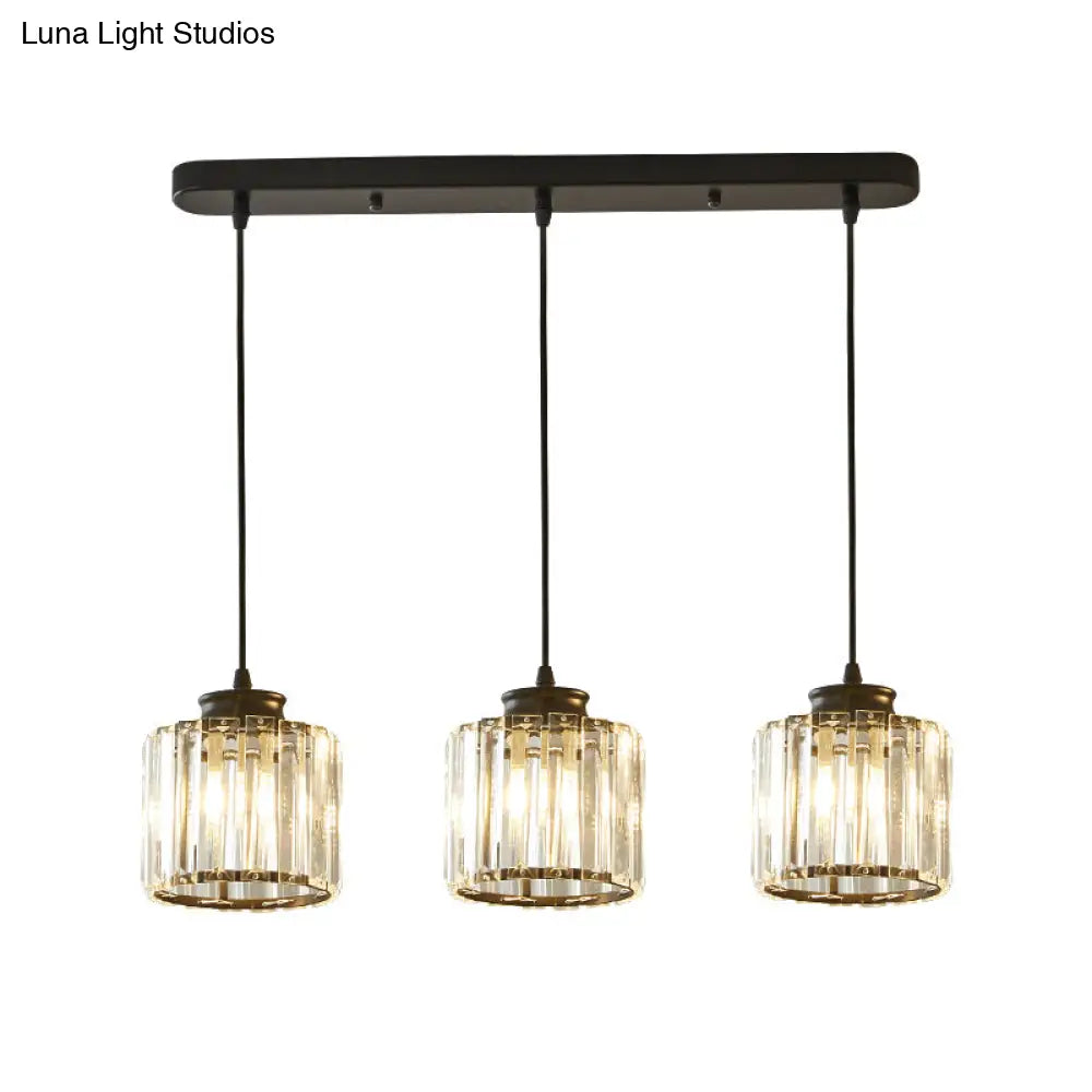 Modernist Drum Crystal Multi-Light Pendant - 3 Lights Black Ceiling Hanging Fixture With