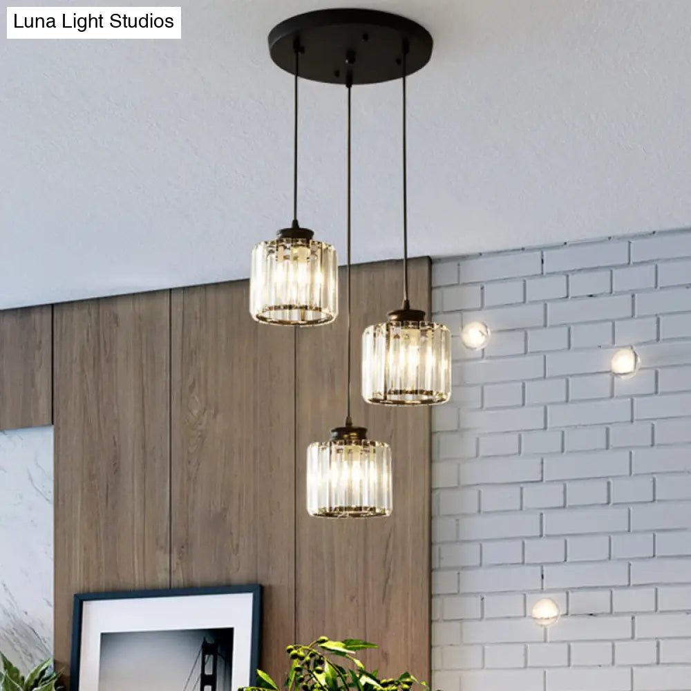 Modernist Drum Crystal Multi-Light Pendant - 3 Lights Black Ceiling Fixture With Linear/Round Canopy