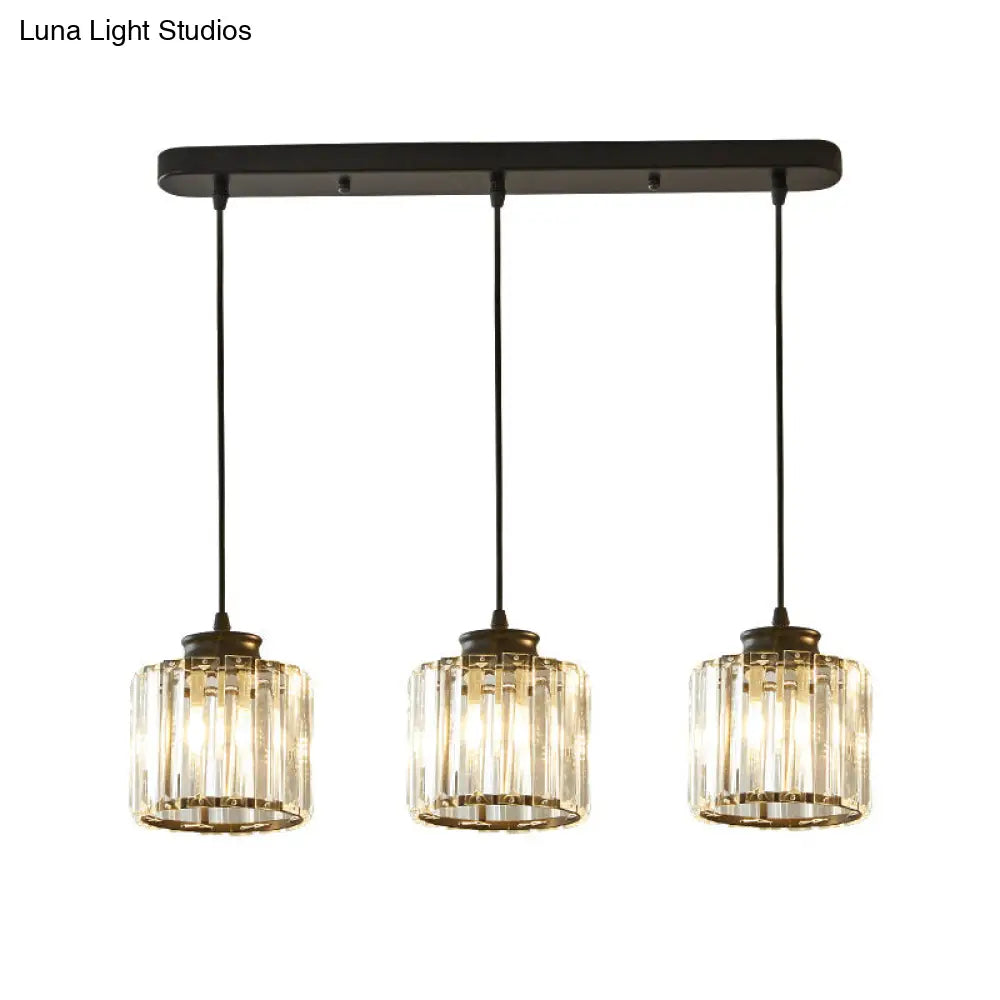 Modernist Drum Crystal Multi-Light Pendant - 3 Lights Black Ceiling Fixture With Linear/Round Canopy