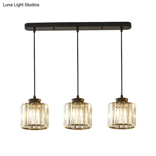 Modernist Drum Crystal Multi-Light Pendant - 3 Lights Black Ceiling Fixture With Linear/Round Canopy