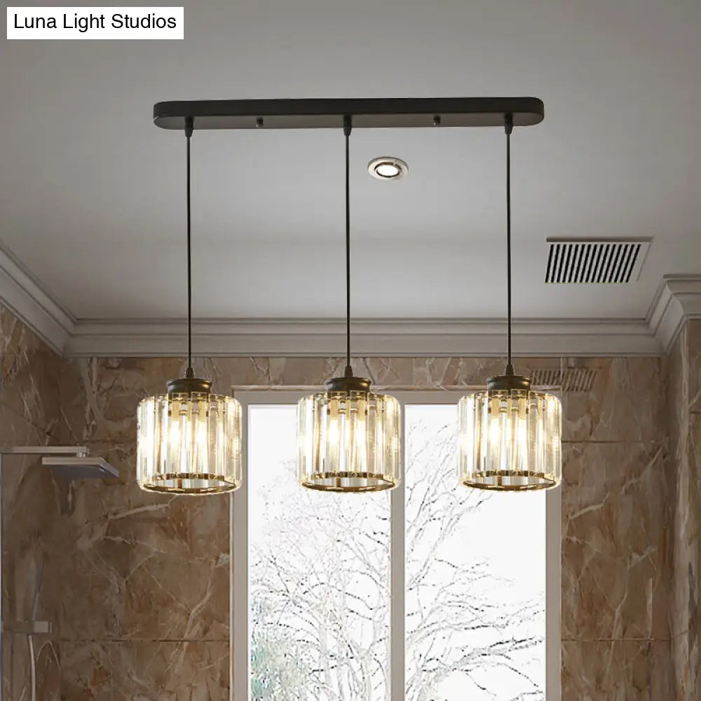 Modernist Drum Crystal Multi-Light Pendant - 3 Lights Black Ceiling Fixture With Linear/Round Canopy