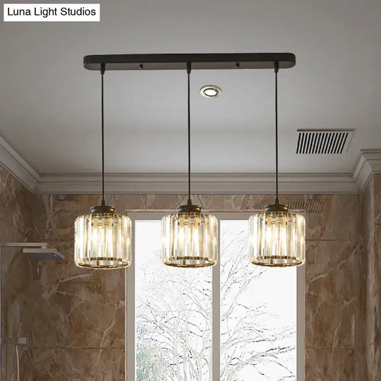 Modernist Drum Crystal Multi-Light Pendant - 3 Lights Black Ceiling Fixture With Linear/Round Canopy