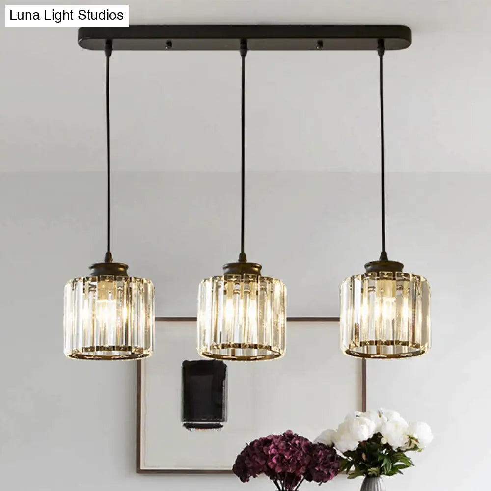 Modernist Drum Crystal Multi-Light Pendant - 3 Lights Black Ceiling Hanging Fixture With