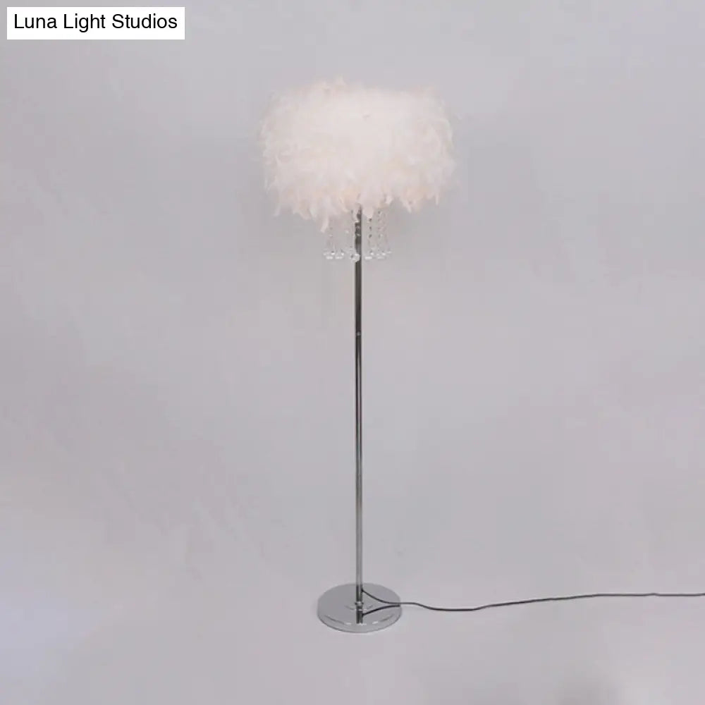 Modernist Drum Dining Room Floor Lamp In Pink/White/Purple With Crystal Draping